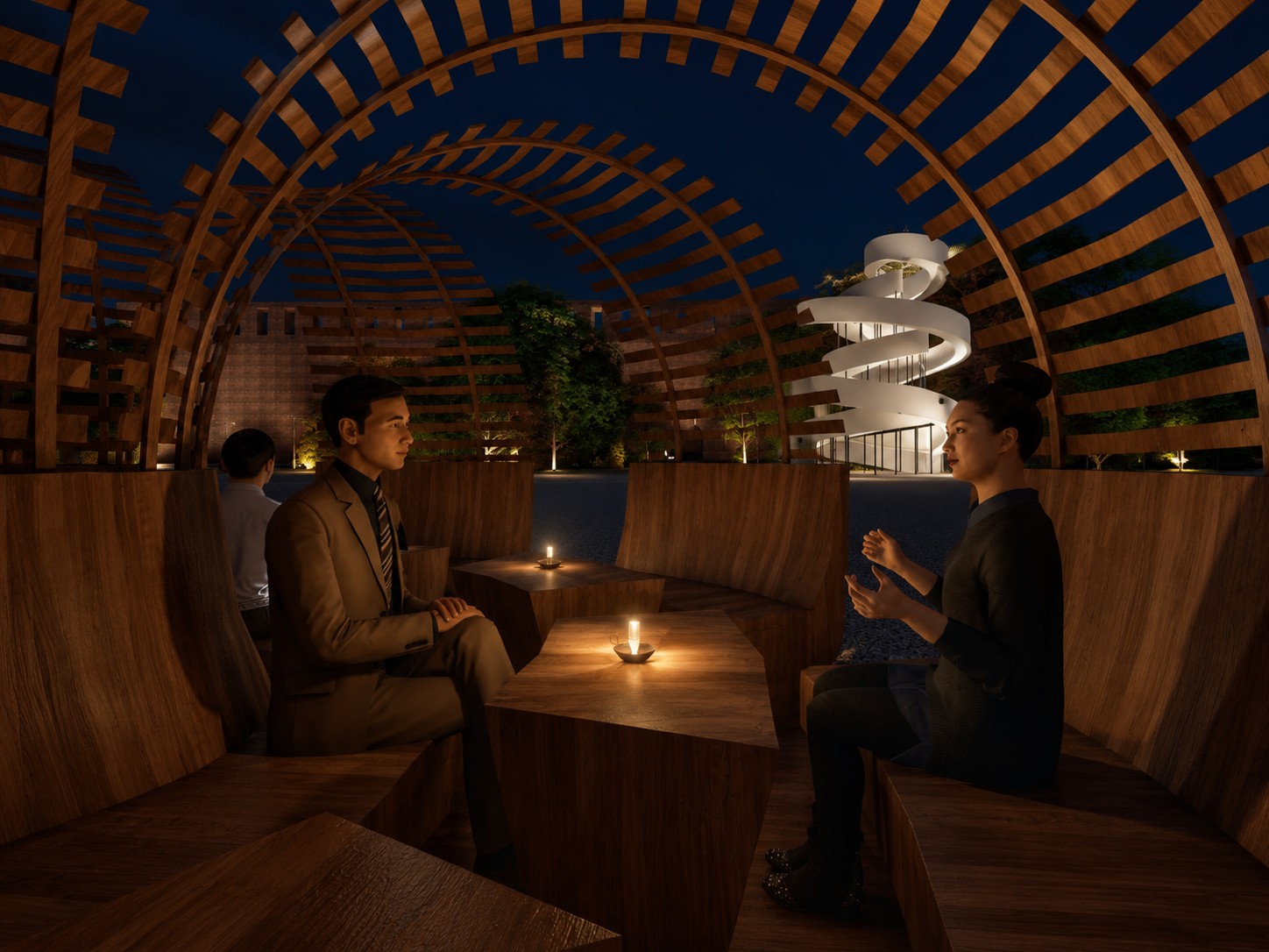 Angolo degli incontri 木质会面舱内部夜间交流场景渲染图