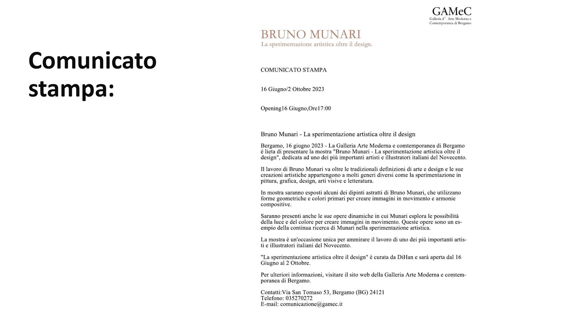 Bruno Munari 新闻稿汇报页面