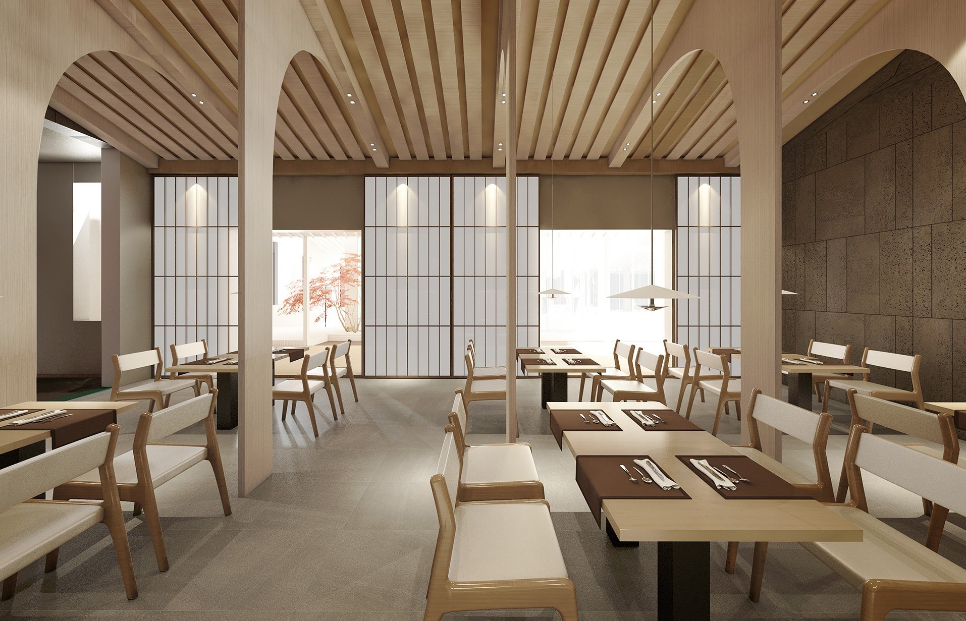 FERRARA SUSHI 隔断、顶面木格栅与餐桌渲染图