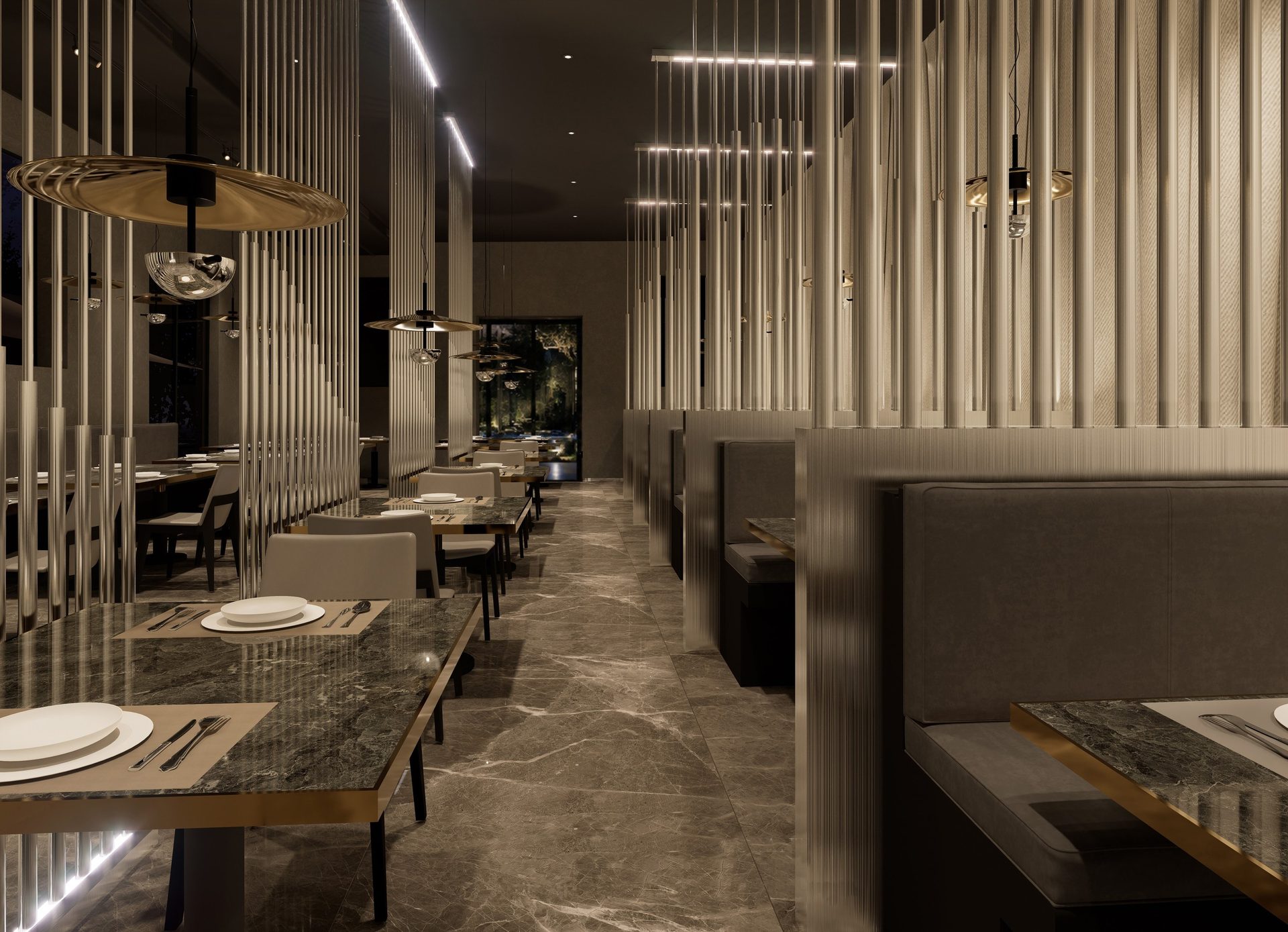 FERRARA SUSHI 黑色石材吧台与卡座渲染图