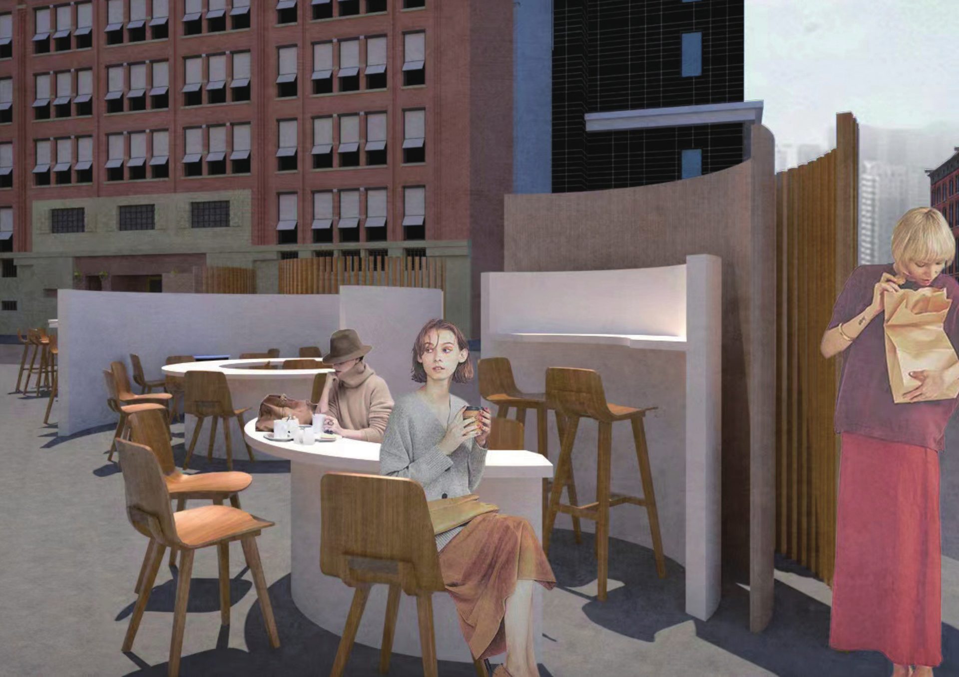 Ristorante all'aperto 曲线吧台与户外座位渲染图