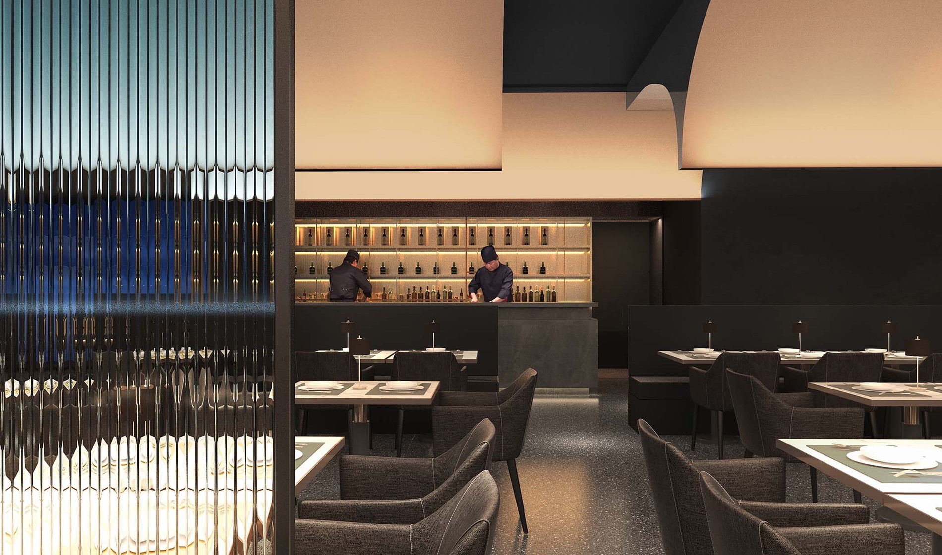 VERONA SUSHI 半透玻璃隔断与用餐区渲染图