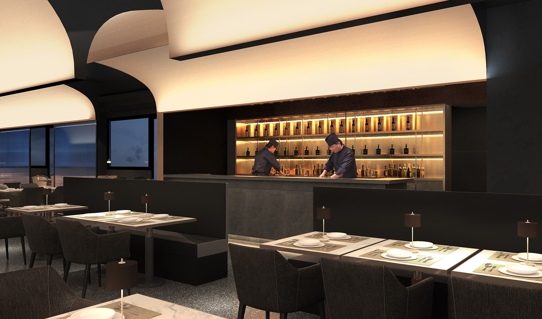 VERONA SUSHI 吧台与暖色展示柜渲染图