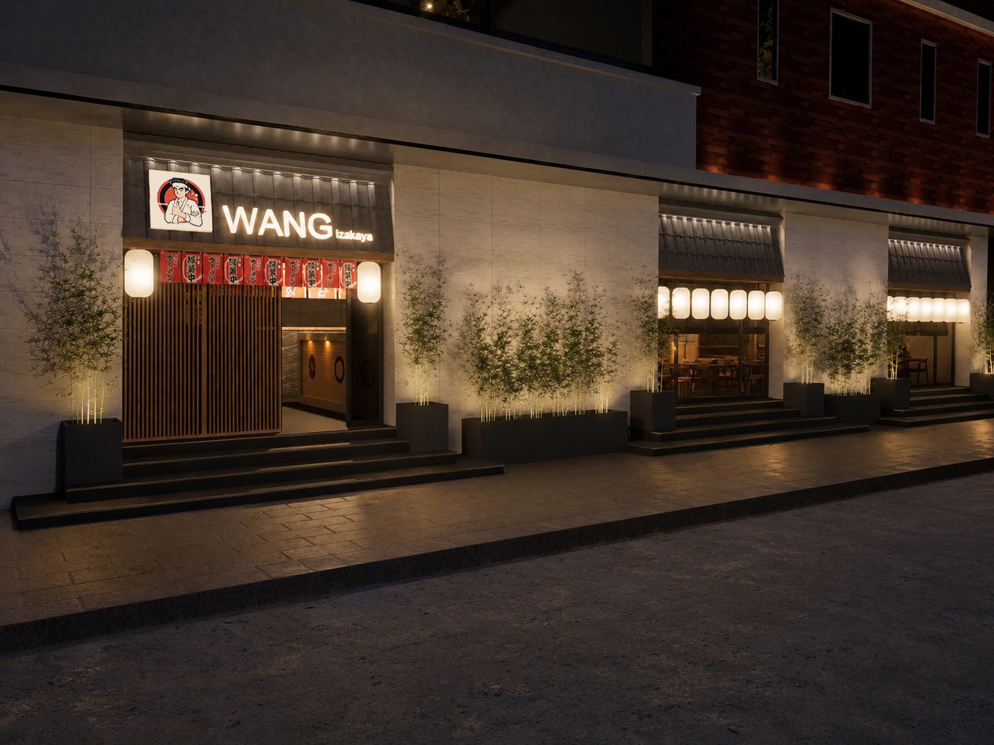 WANG IZAKAYA 餐厅外立面夜景渲染主图