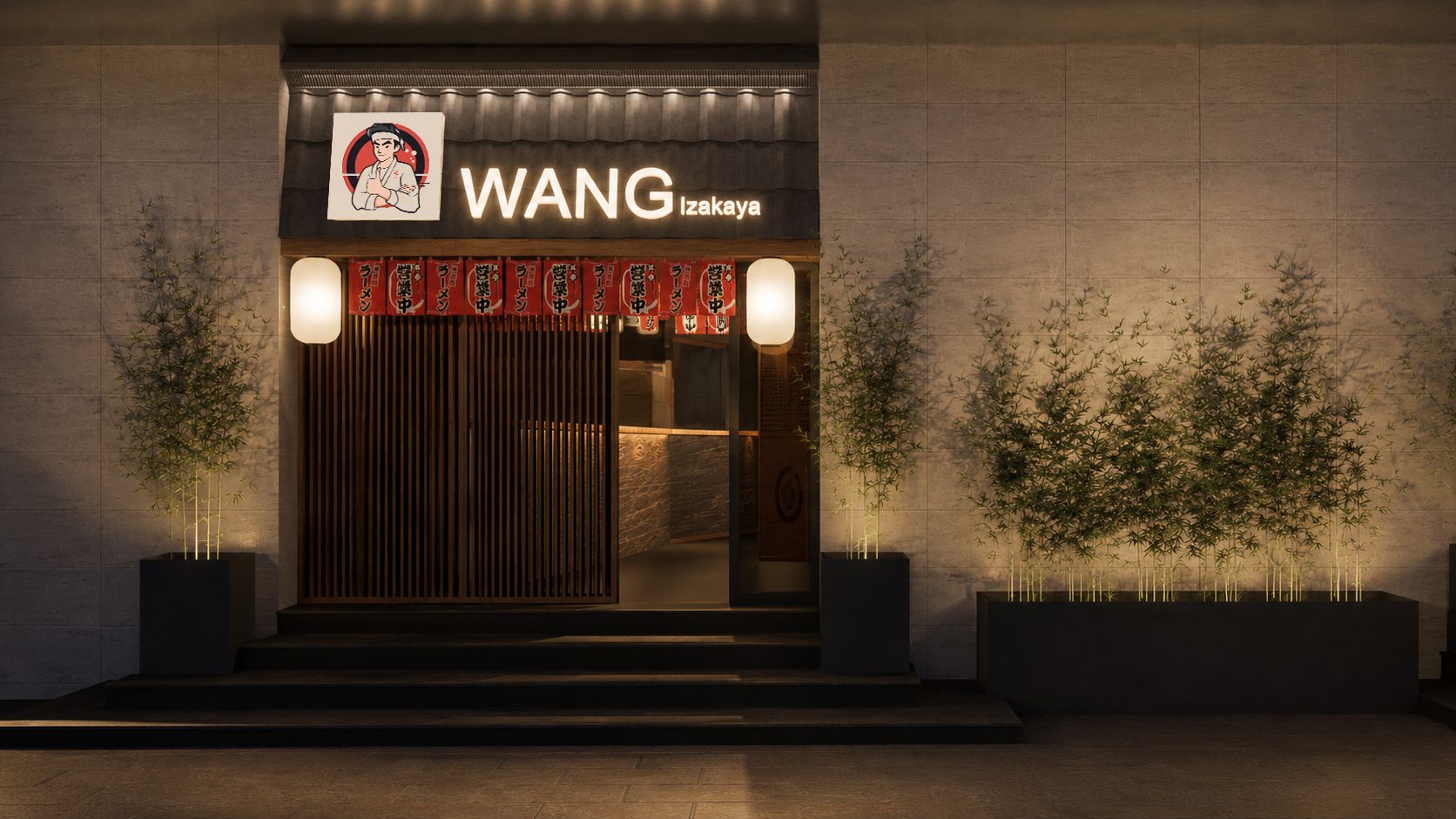 WANG IZAKAYA 餐厅门头与入口渲染图