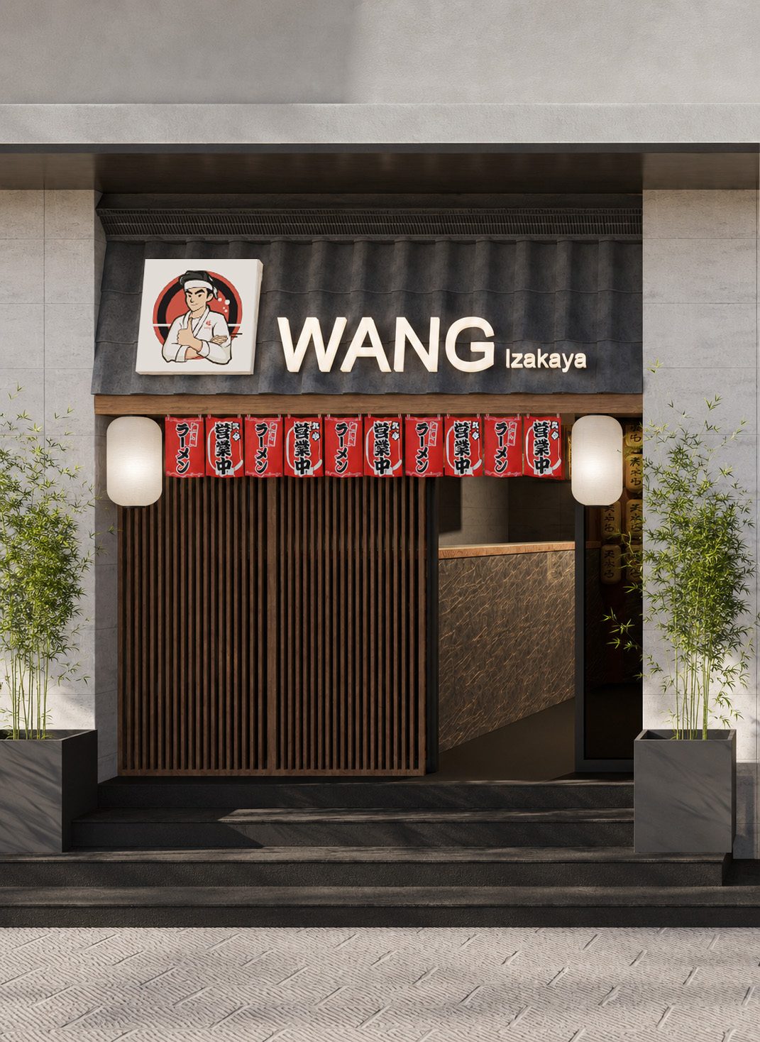 WANG IZAKAYA 餐厅白天外立面渲染图