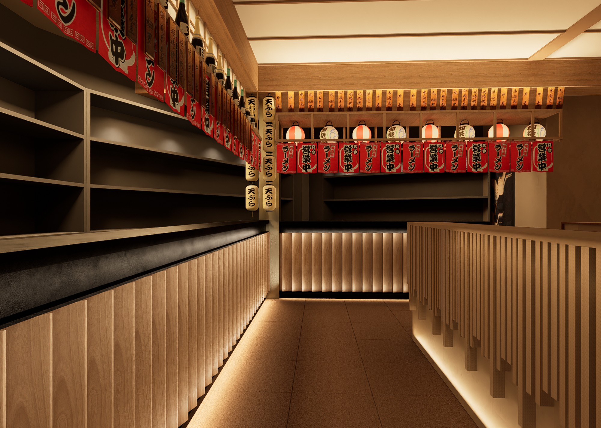 WANG IZAKAYA 室内木作、竹帘与灯笼用餐区渲染图