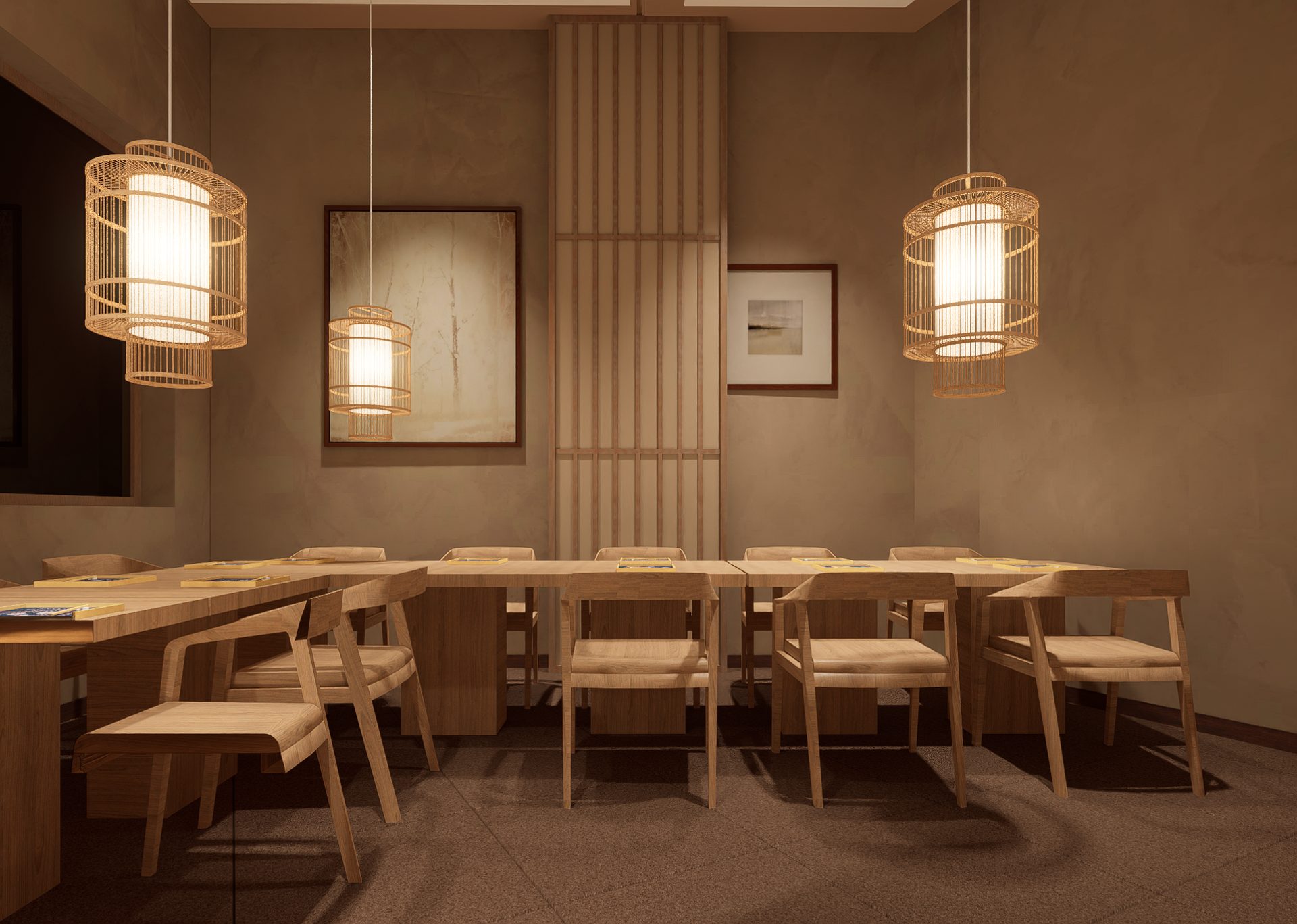 WANG IZAKAYA 长桌用餐区与木格栅隔断渲染图