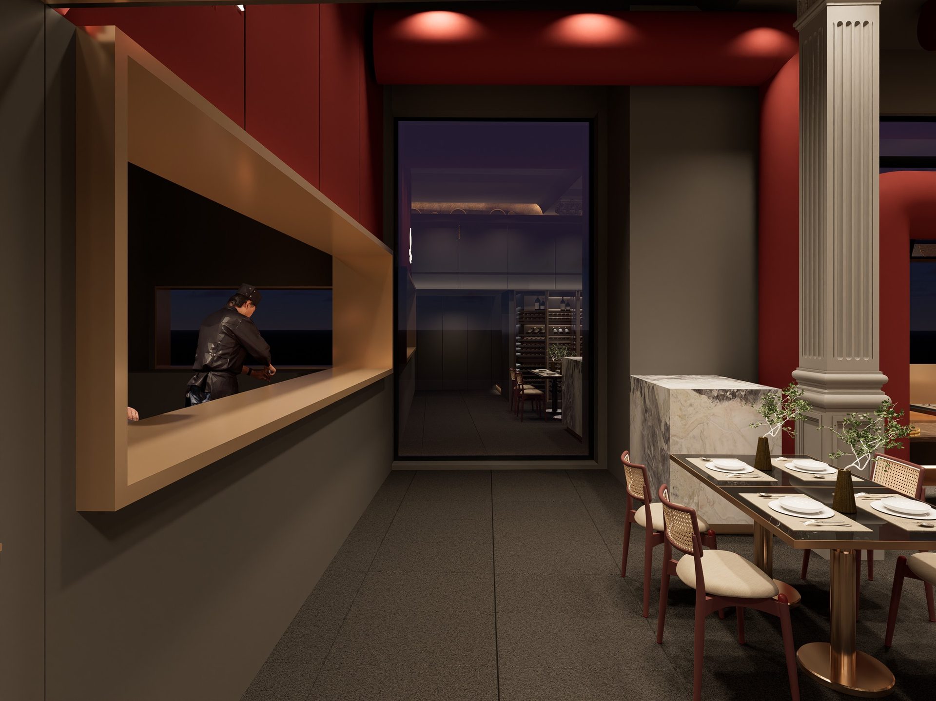 YIKO DIMSUM 餐厅厨房窗口与用餐区渲染图